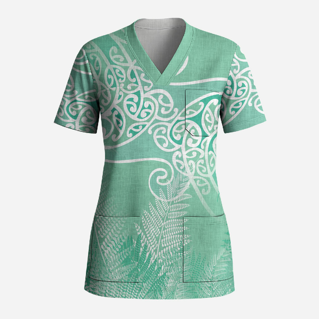 Aotearoa Maori Koru Curves Scrub Top Silver Ferns - Mint