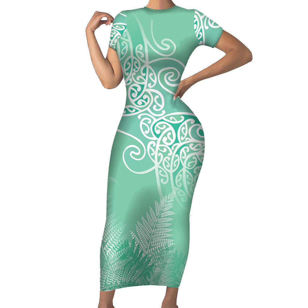 Aotearoa Maori Koru Curves Short Sleeve Bodycon Dress Silver Ferns - Mint