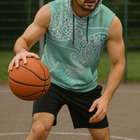 Aotearoa Maori Koru Curves Sleeveless Hoodie Silver Ferns - Mint