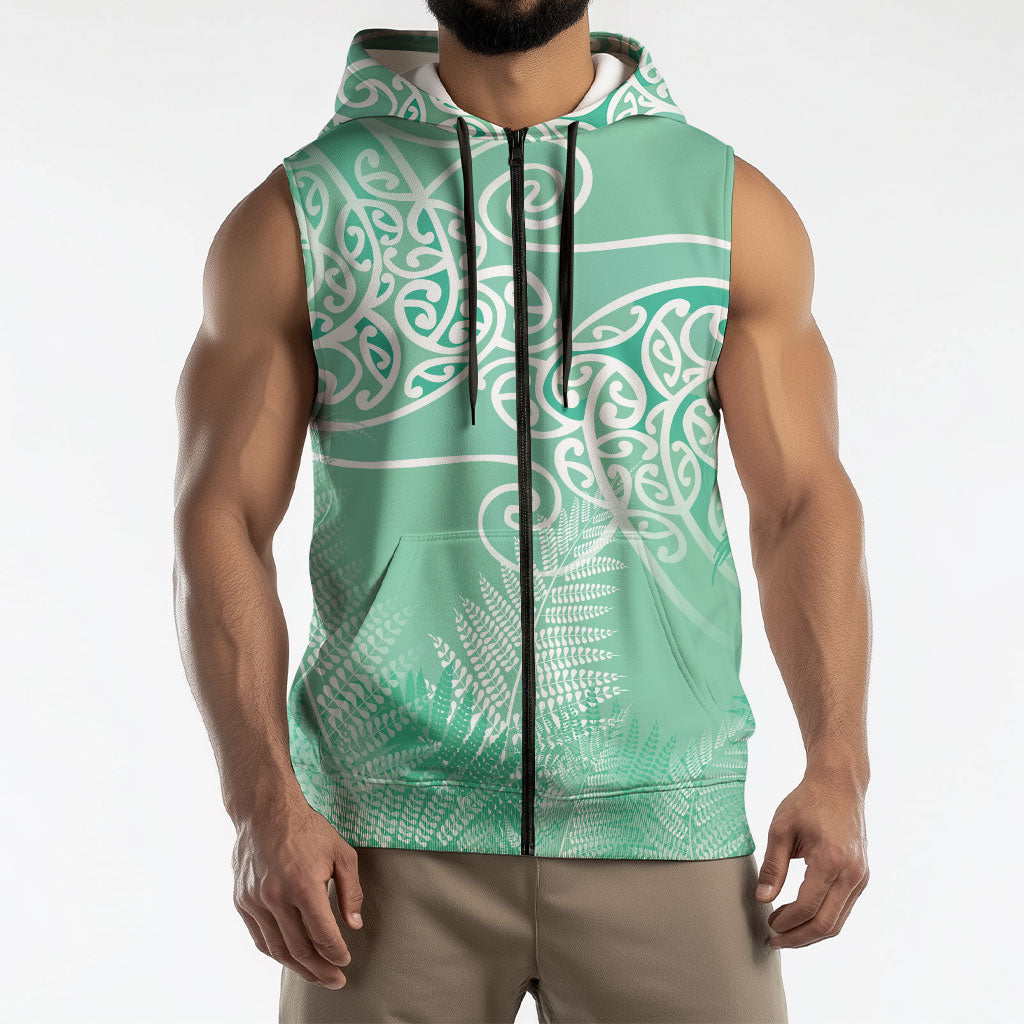 Aotearoa Maori Koru Curves Sleeveless Zip Hoodie Silver Ferns - Mint