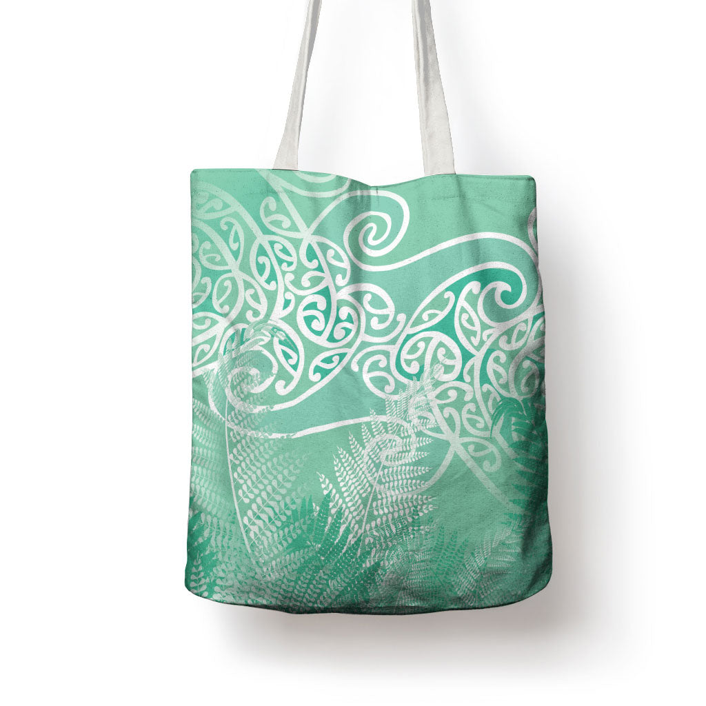 Aotearoa Maori Koru Curves Tote Bag Silver Ferns - Mint