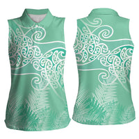 Aotearoa Maori Koru Curves Women Sleeveless Polo Shirt Silver Ferns - Mint