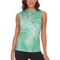 Aotearoa Maori Koru Curves Women Sleeveless Polo Shirt Silver Ferns - Mint