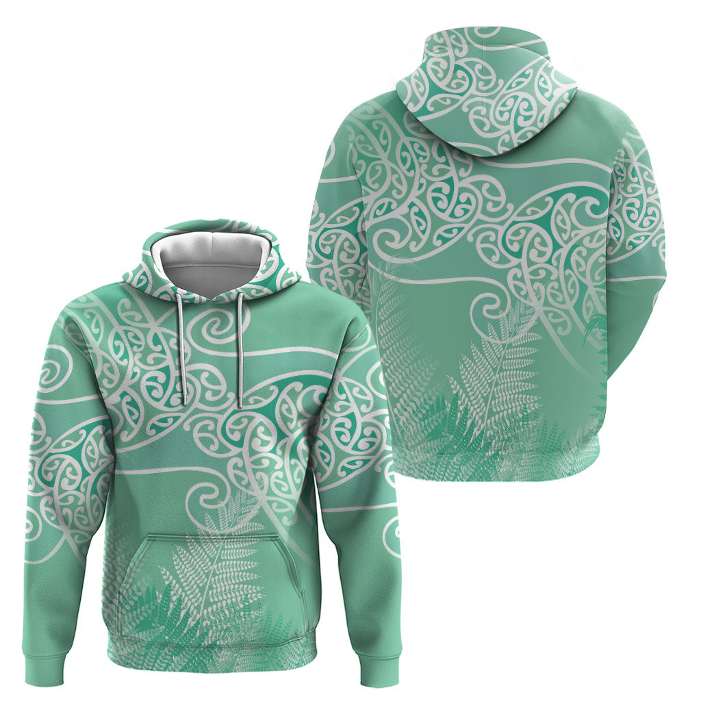 Aotearoa Maori Koru Curves Zip Hoodie Silver Ferns - Mint