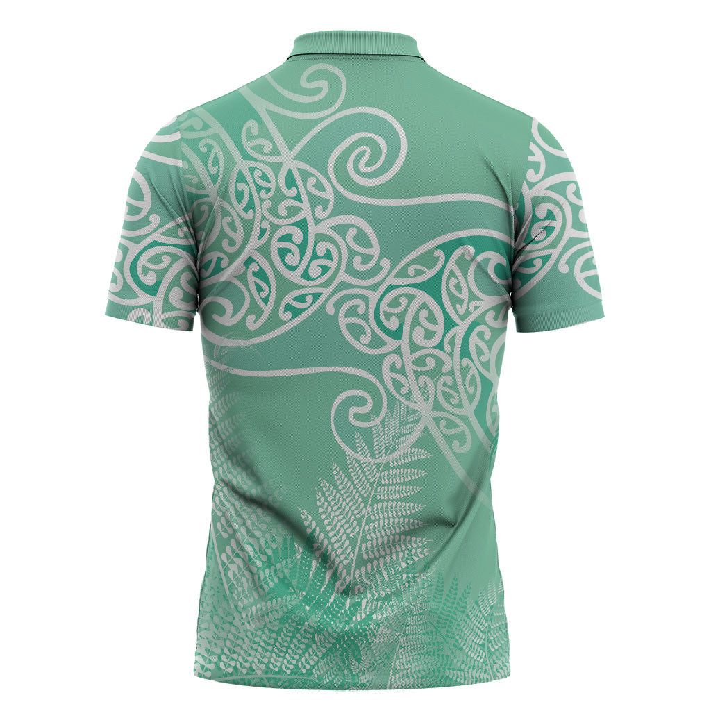 Aotearoa Maori Koru Curves Zipper Polo Shirt Silver Ferns - Mint