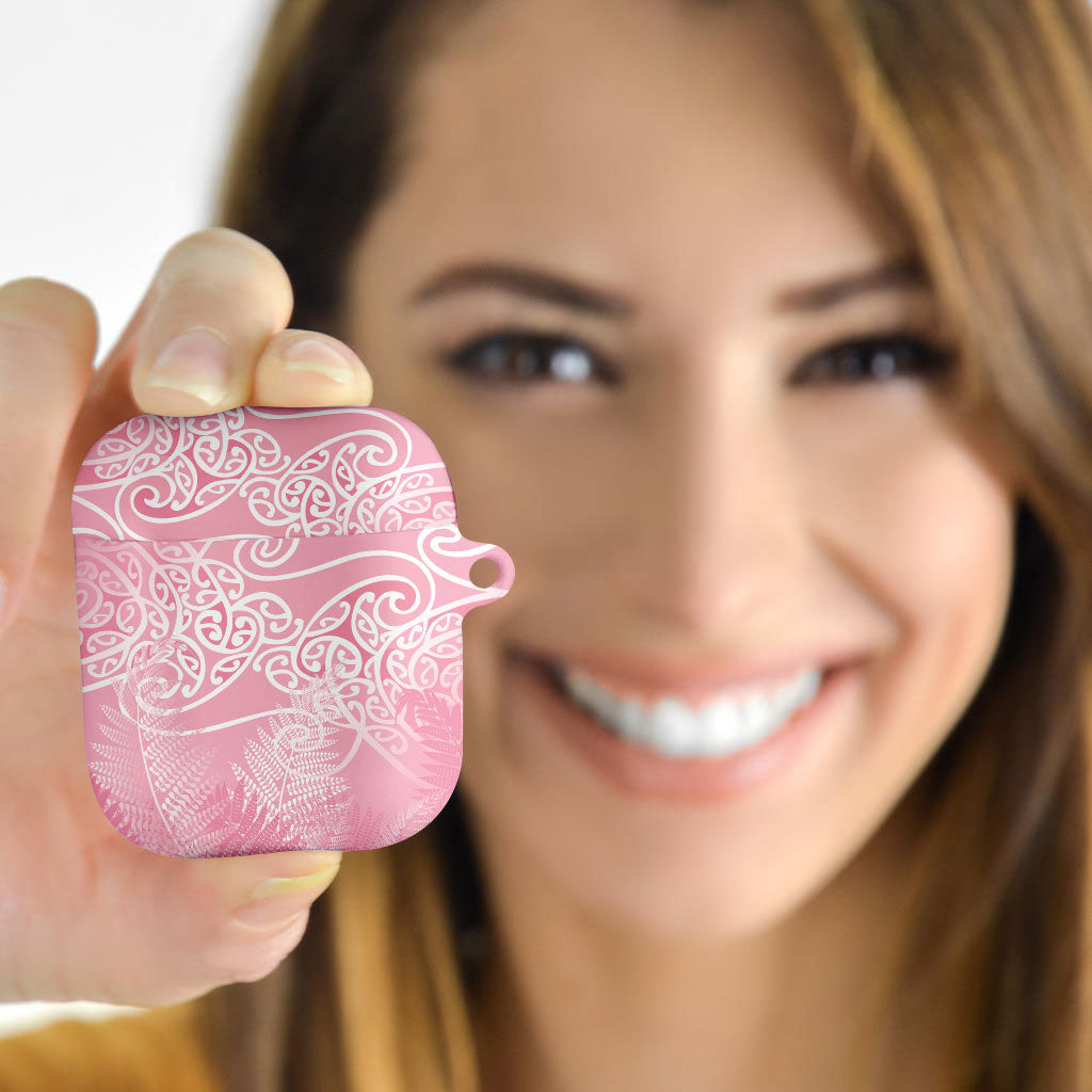 Aotearoa Maori Koru Curves AirPods Case Silver Ferns - Rose Pink