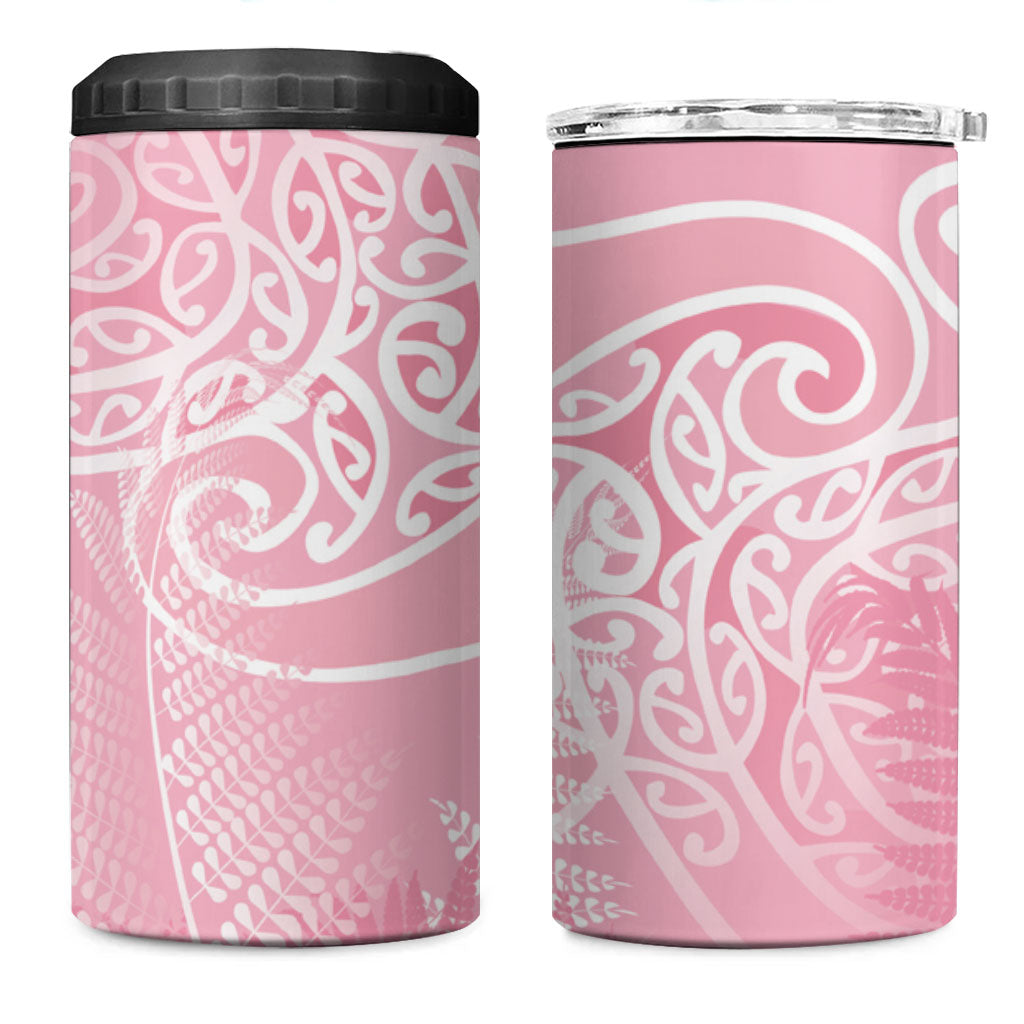 Aotearoa Maori Koru Curves 4 in 1 Can Cooler Tumbler Silver Ferns - Rose Pink