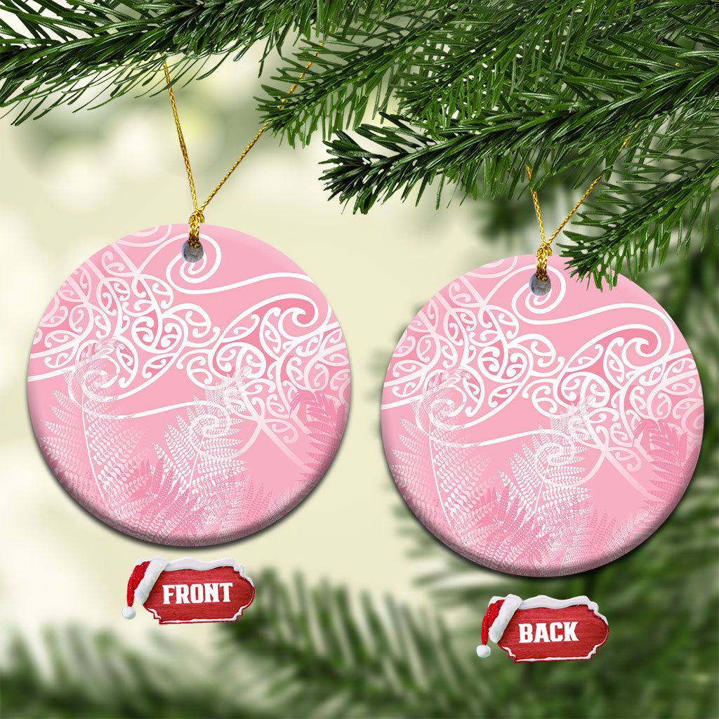 Aotearoa Maori Koru Curves Ceramic Ornament Silver Ferns - Rose Pink LT7 Circle Pink - Polynesian Pride