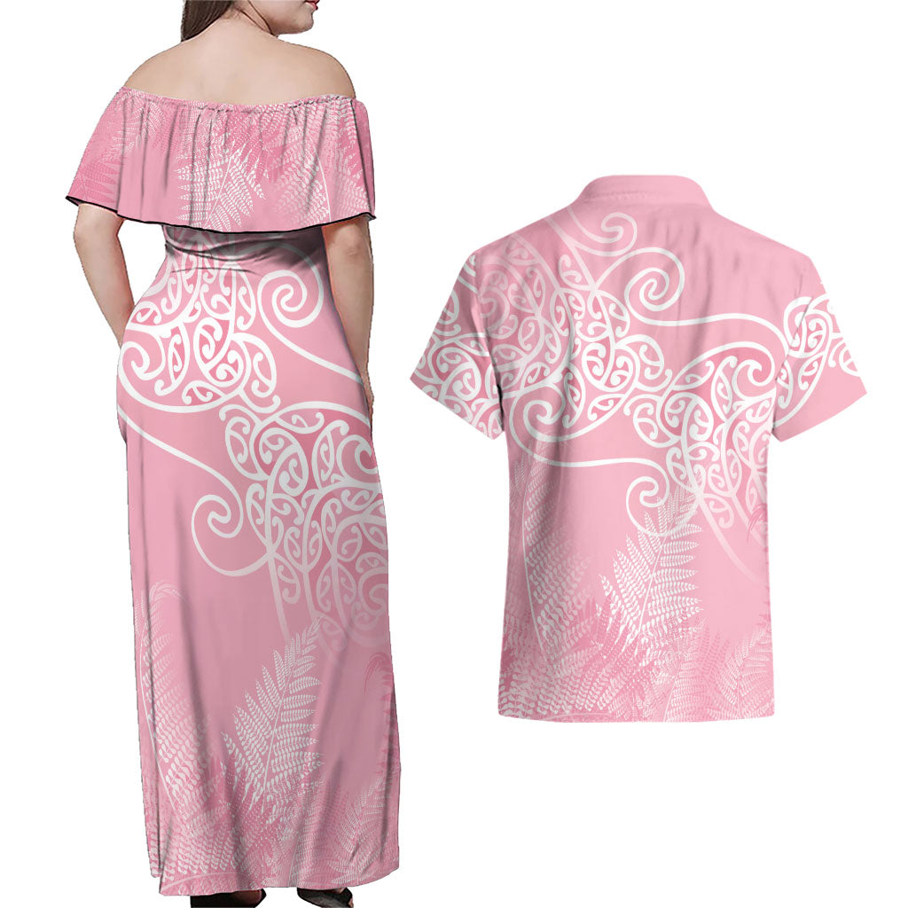 Aotearoa Maori Koru Curves Couples Matching Off Shoulder Maxi Dress and Hawaiian Shirt Silver Ferns - Rose Pink