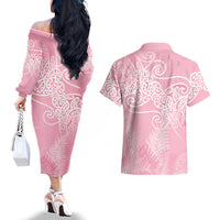 Aotearoa Maori Koru Curves Couples Matching Off The Shoulder Long Sleeve Dress and Hawaiian Shirt Silver Ferns - Rose Pink LT7 - Polynesian Pride