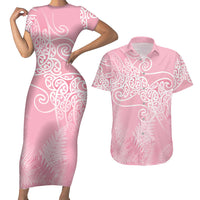 Aotearoa Maori Koru Curves Couples Matching Short Sleeve Bodycon Dress and Hawaiian Shirt Silver Ferns - Rose Pink