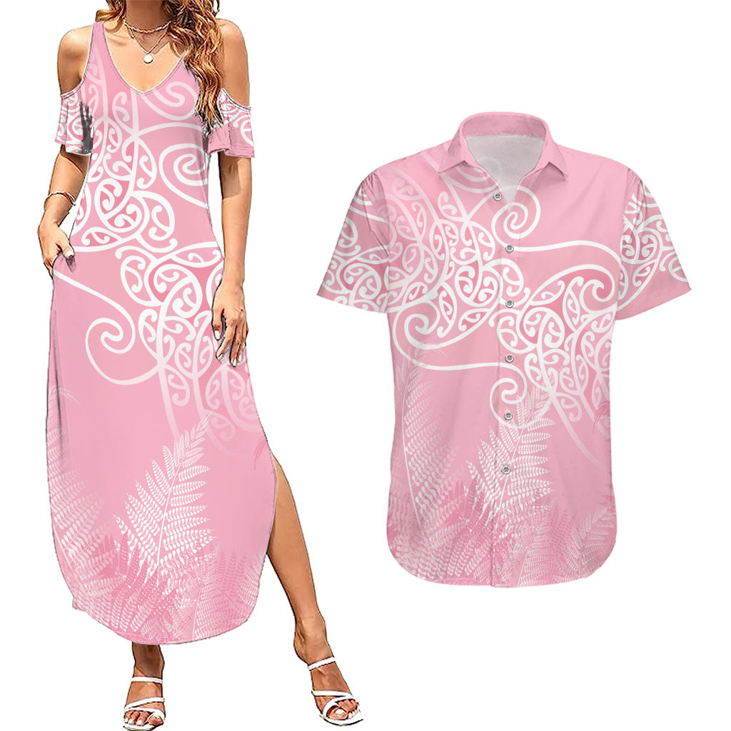 Aotearoa Maori Koru Curves Couples Matching Summer Maxi Dress and Hawaiian Shirt Silver Ferns - Rose Pink
