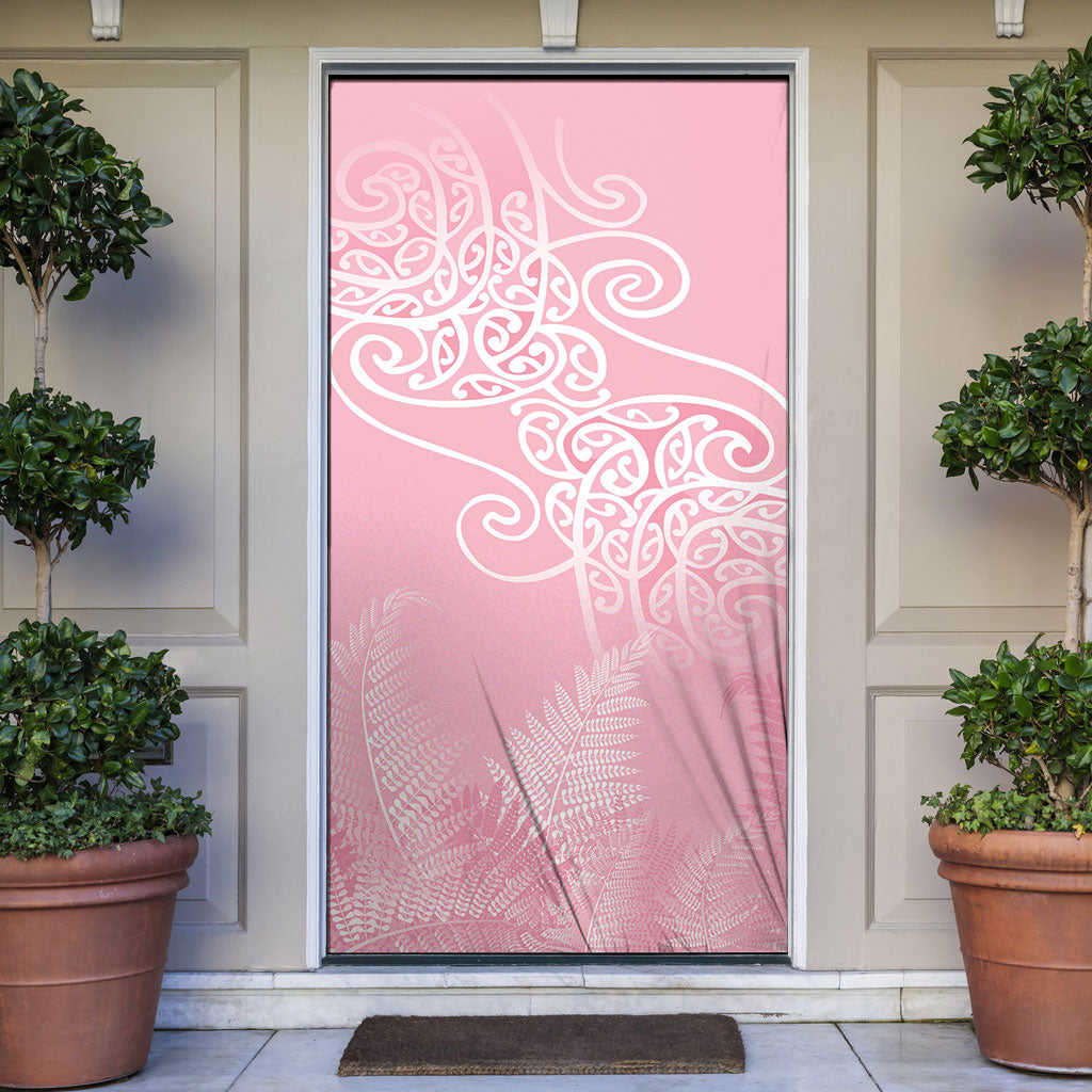 Aotearoa Maori Koru Curves Door Cover Silver Ferns - Rose Pink