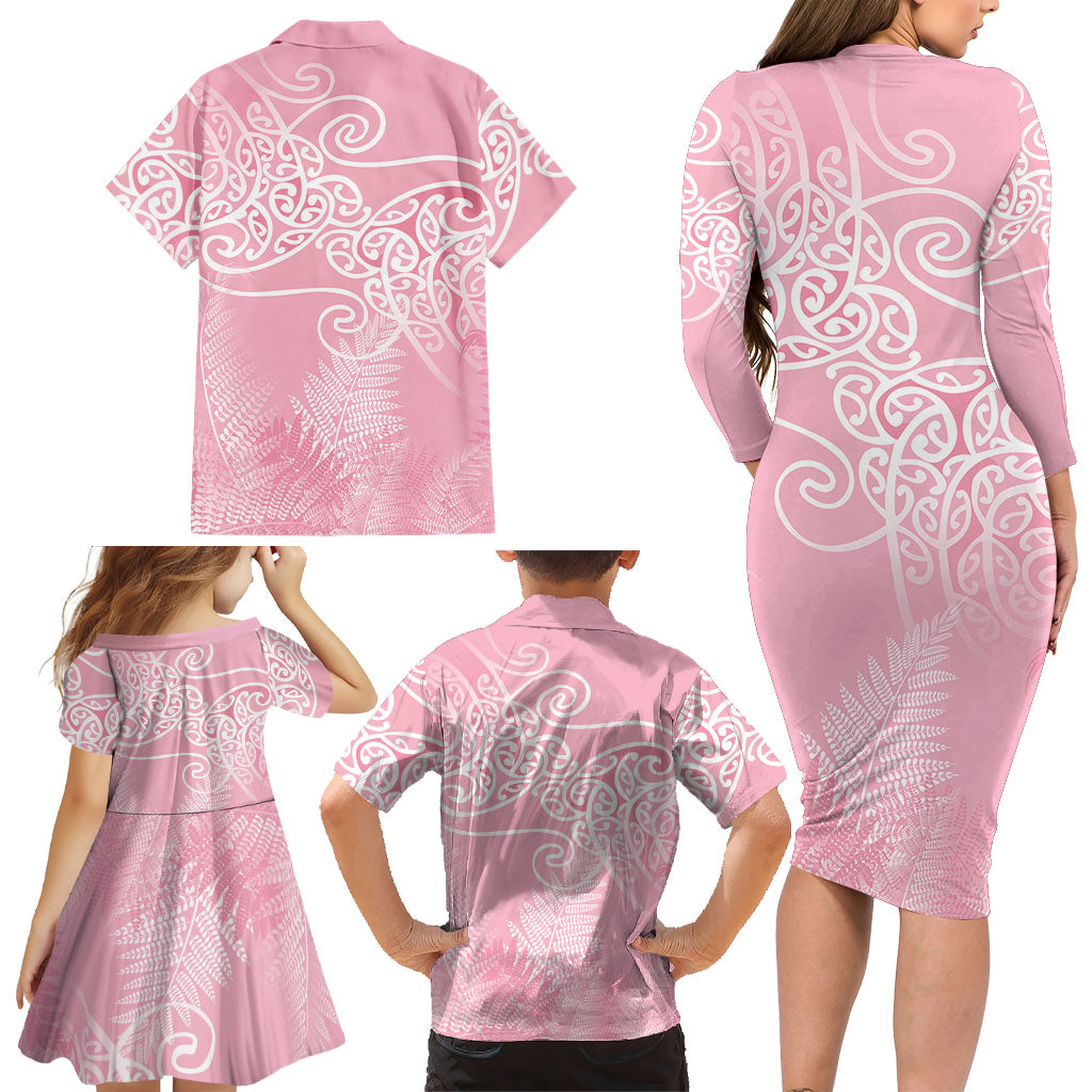 Aotearoa Maori Koru Curves Family Matching Long Sleeve Bodycon Dress and Hawaiian Shirt Silver Ferns - Rose Pink LT7 - Polynesian Pride