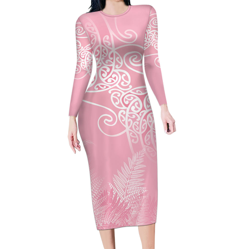 Aotearoa Maori Koru Curves Family Matching Long Sleeve Bodycon Dress and Hawaiian Shirt Silver Ferns - Rose Pink LT7 Mom's Dress Pink - Polynesian Pride