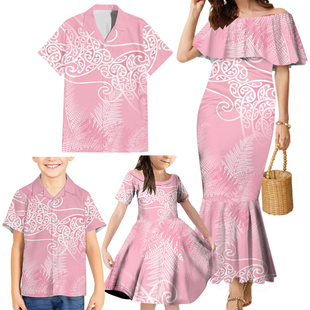 Aotearoa Maori Koru Curves Family Matching Mermaid Dress and Hawaiian Shirt Silver Ferns - Rose Pink LT7 - Polynesian Pride