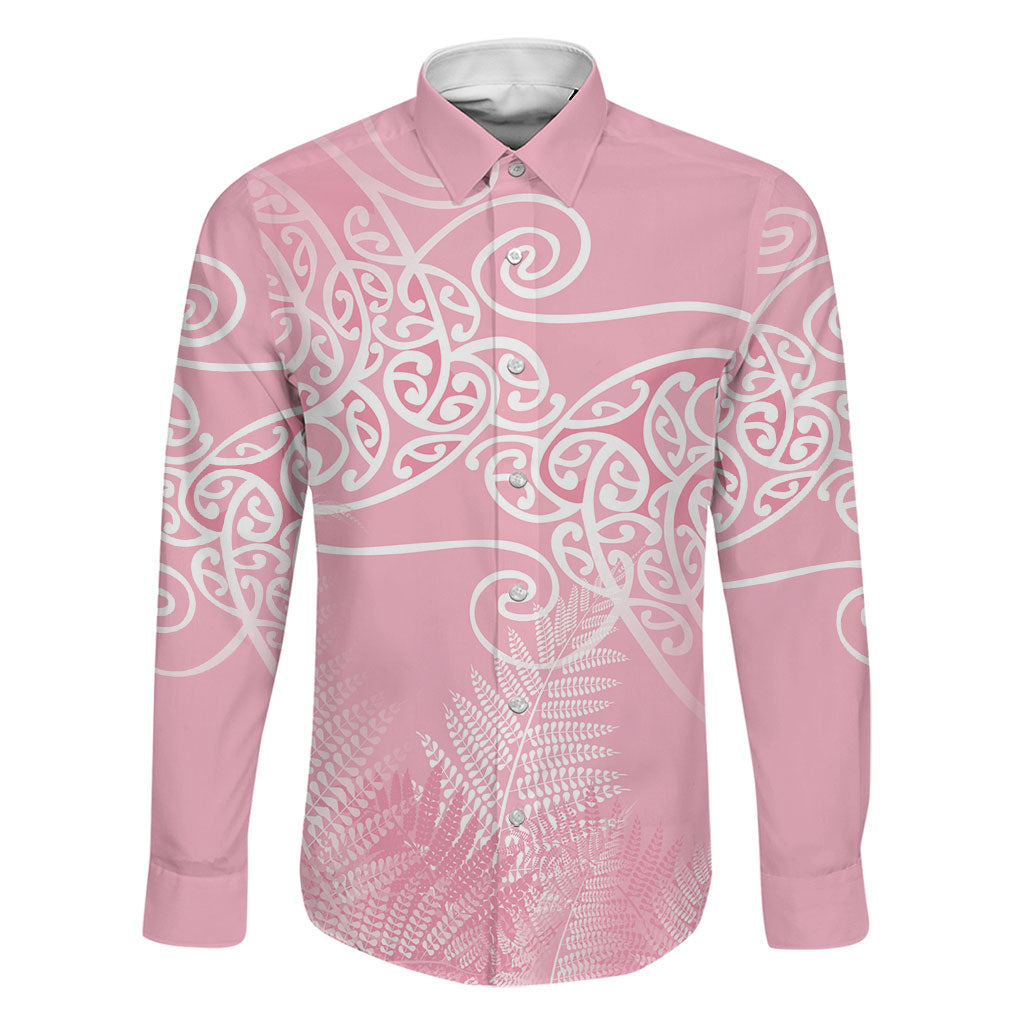 Aotearoa Maori Koru Curves Family Matching Mermaid Dress and Hawaiian Shirt Silver Ferns - Rose Pink LT7 Dad's Shirt - Long Sleeve Pink - Polynesian Pride