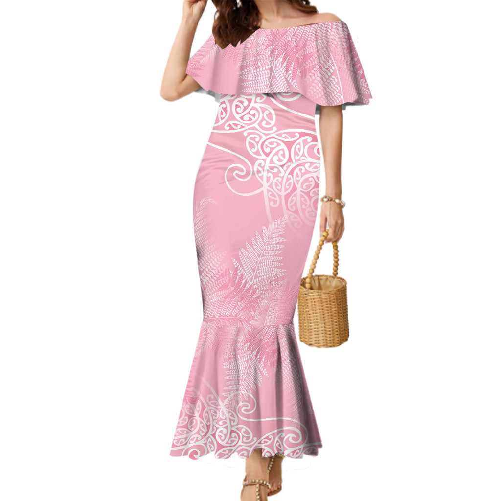 Aotearoa Maori Koru Curves Family Matching Mermaid Dress and Hawaiian Shirt Silver Ferns - Rose Pink LT7 Mom's Dress Pink - Polynesian Pride