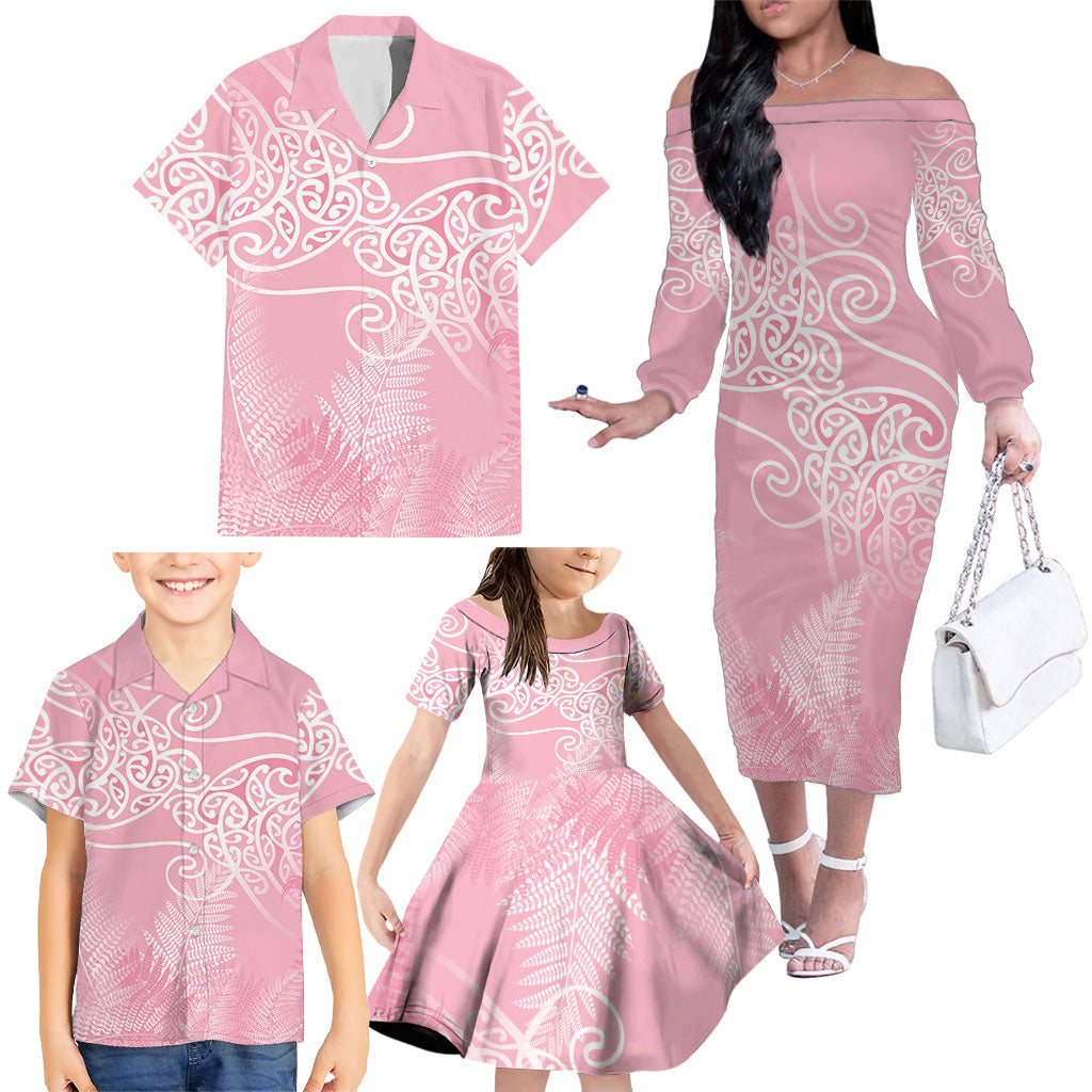 Aotearoa Maori Koru Curves Family Matching Off The Shoulder Long Sleeve Dress and Hawaiian Shirt Silver Ferns - Rose Pink LT7 - Polynesian Pride