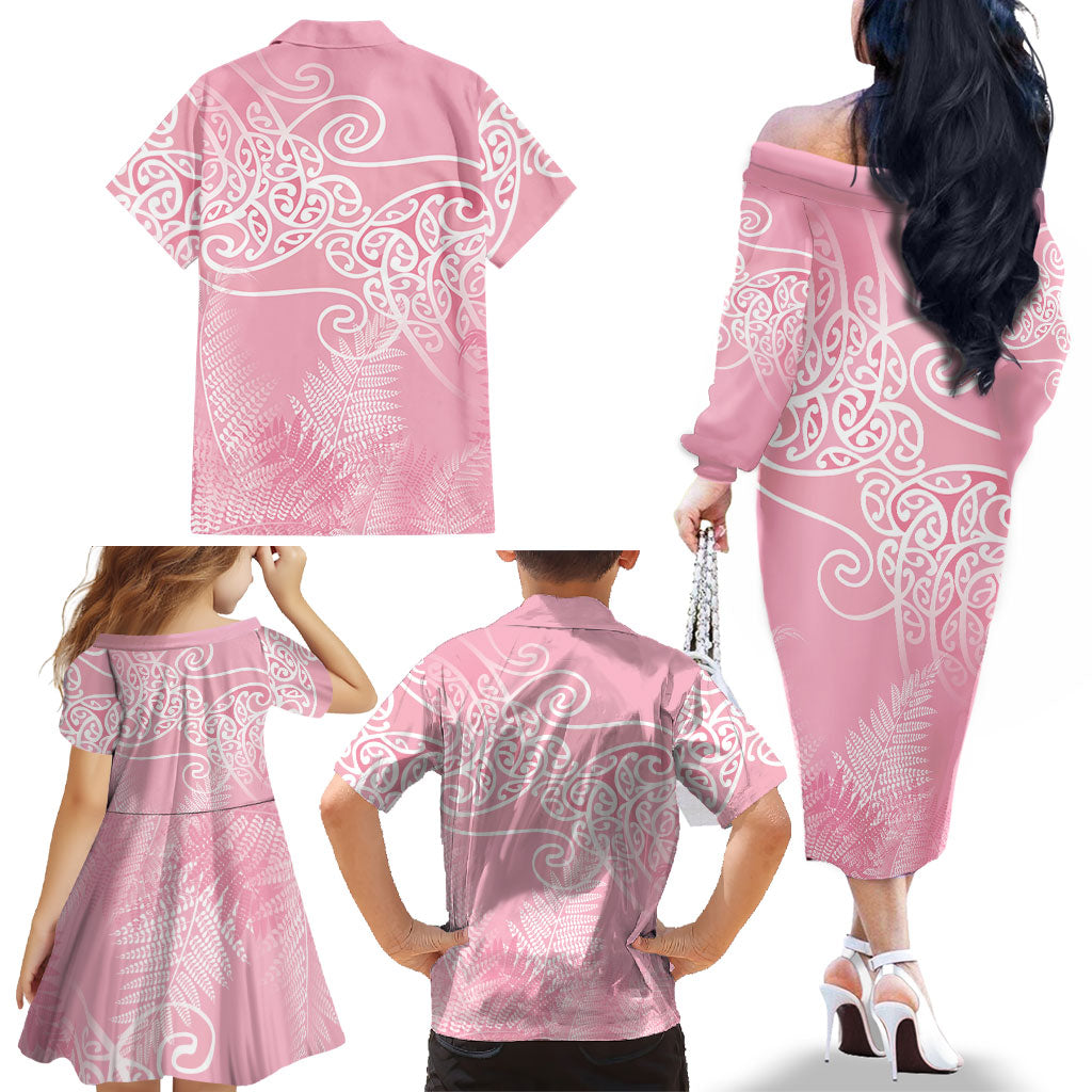 Aotearoa Maori Koru Curves Family Matching Off The Shoulder Long Sleeve Dress and Hawaiian Shirt Silver Ferns - Rose Pink LT7 - Polynesian Pride