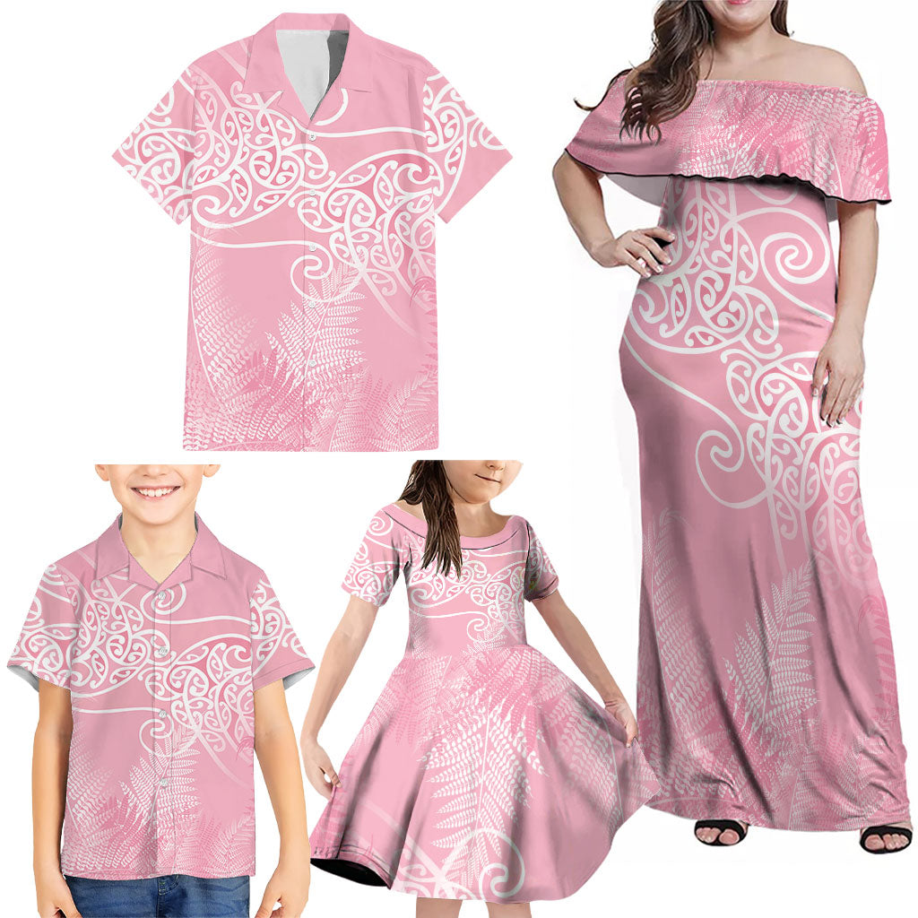 Aotearoa Maori Koru Curves Family Matching Off Shoulder Maxi Dress and Hawaiian Shirt Silver Ferns - Rose Pink