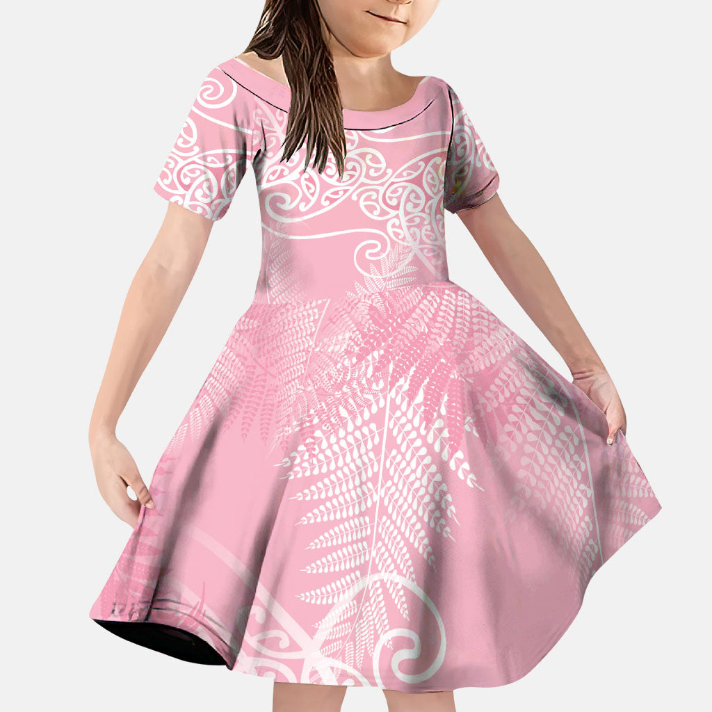 Aotearoa Maori Koru Curves Family Matching Off Shoulder Short Dress and Hawaiian Shirt Silver Ferns - Rose Pink LT7 Daughter's Dress Pink - Polynesian Pride