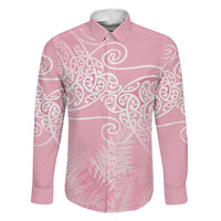 Aotearoa Maori Koru Curves Family Matching Off Shoulder Short Dress and Hawaiian Shirt Silver Ferns - Rose Pink LT7 Dad's Shirt - Long Sleeve Pink - Polynesian Pride