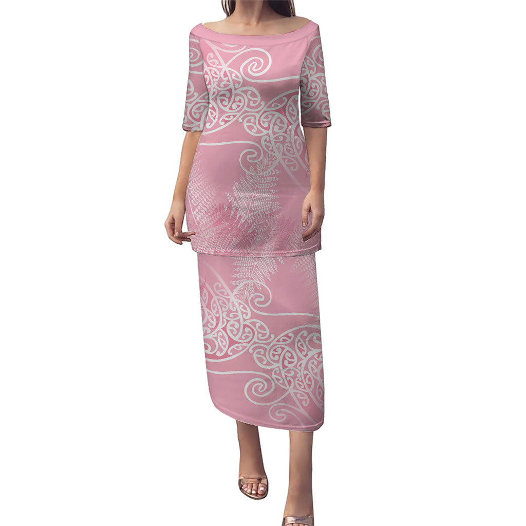 Aotearoa Maori Koru Curves Family Matching Puletasi and Hawaiian Shirt Silver Ferns - Rose Pink
