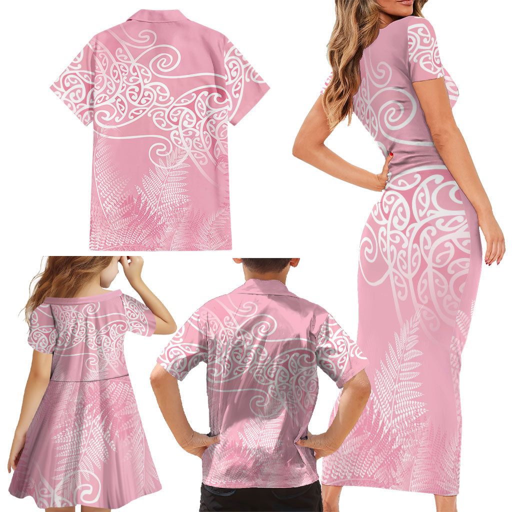 Aotearoa Maori Koru Curves Family Matching Short Sleeve Bodycon Dress and Hawaiian Shirt Silver Ferns - Rose Pink LT7 - Polynesian Pride