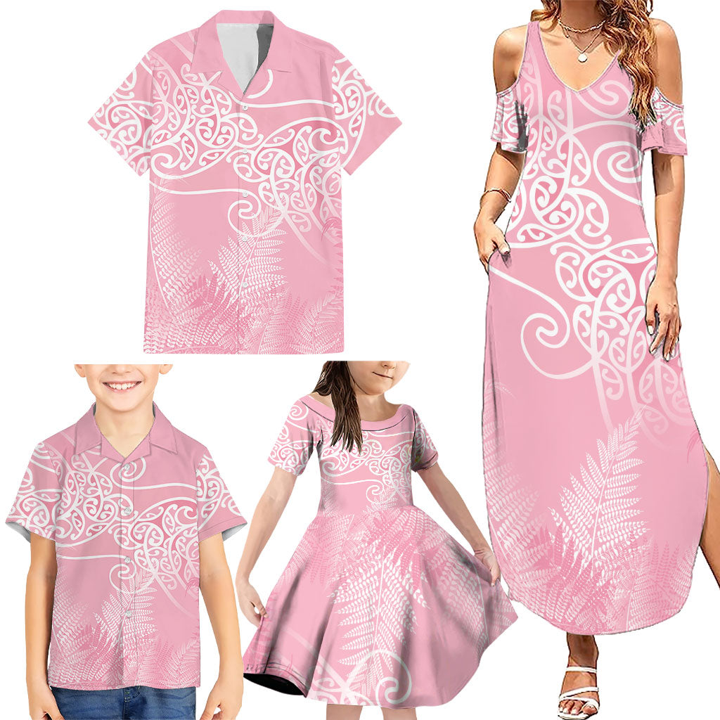 Aotearoa Maori Koru Curves Family Matching Summer Maxi Dress and Hawaiian Shirt Silver Ferns - Rose Pink