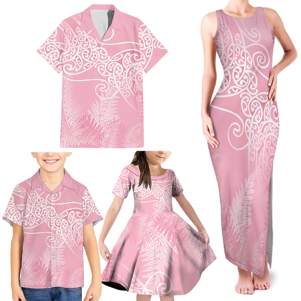 Aotearoa Maori Koru Curves Family Matching Tank Maxi Dress and Hawaiian Shirt Silver Ferns - Rose Pink LT7 - Polynesian Pride