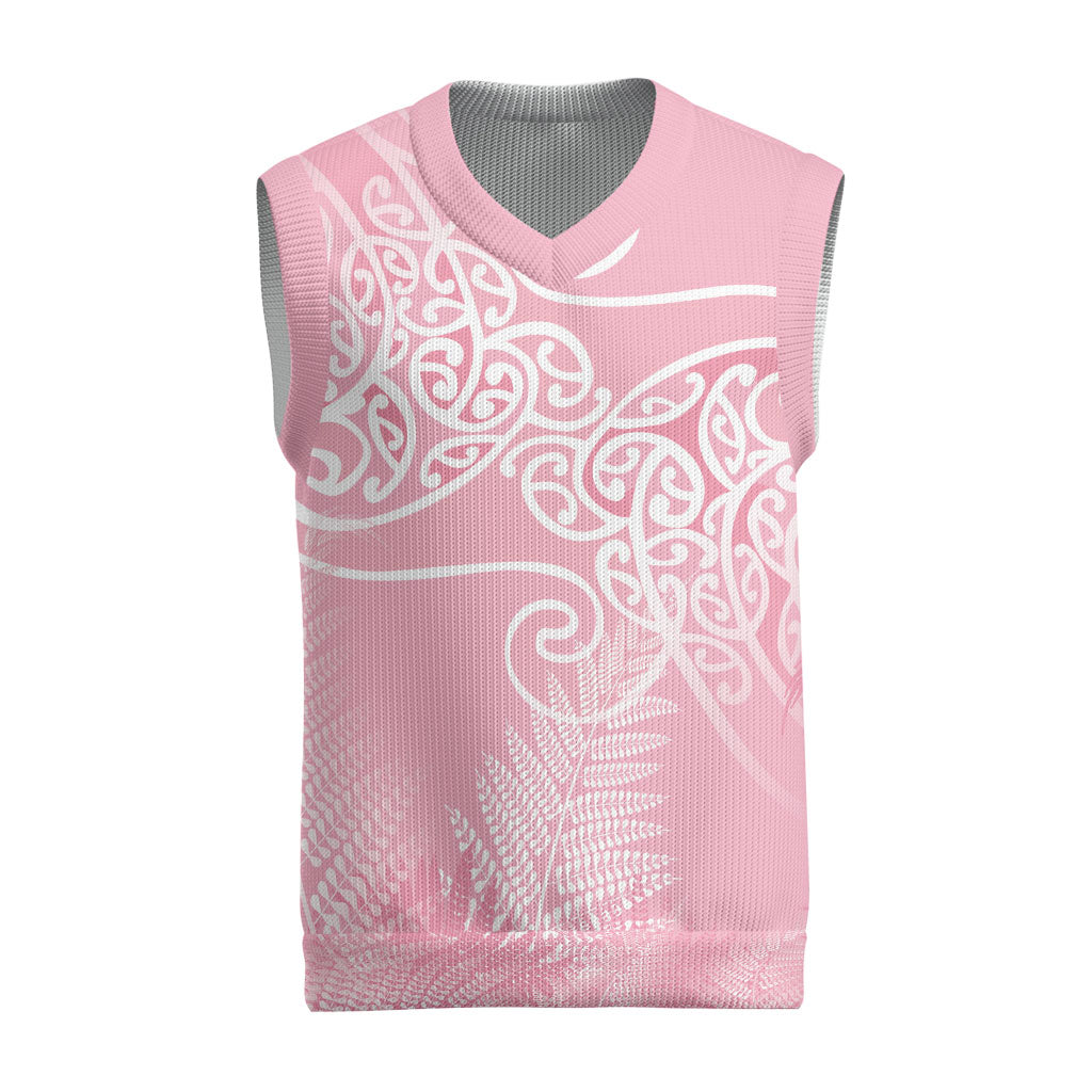 Aotearoa Maori Koru Curves Christmas Knitted V-Neck Vest Silver Ferns - Rose Pink LT7 Pink - Polynesian Pride