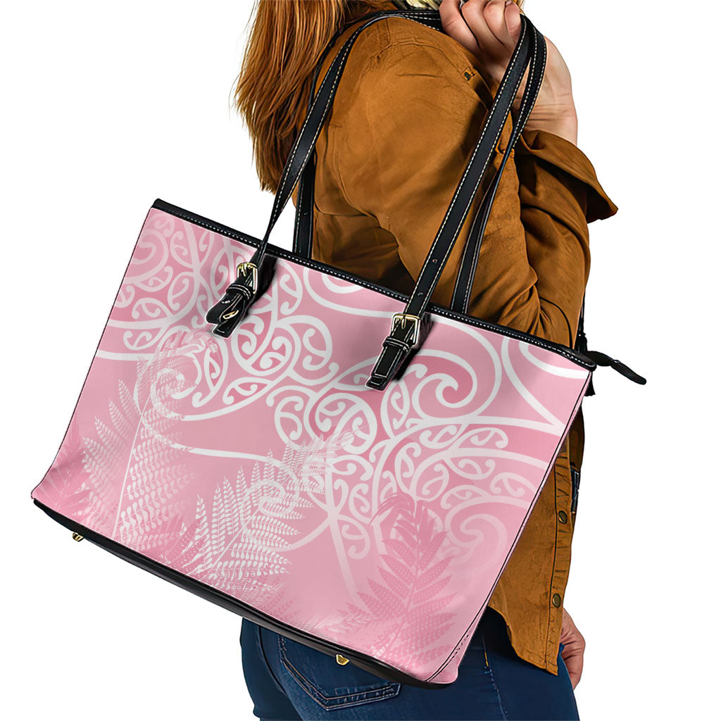 Aotearoa Maori Koru Curves Leather Tote Bag Silver Ferns - Rose Pink