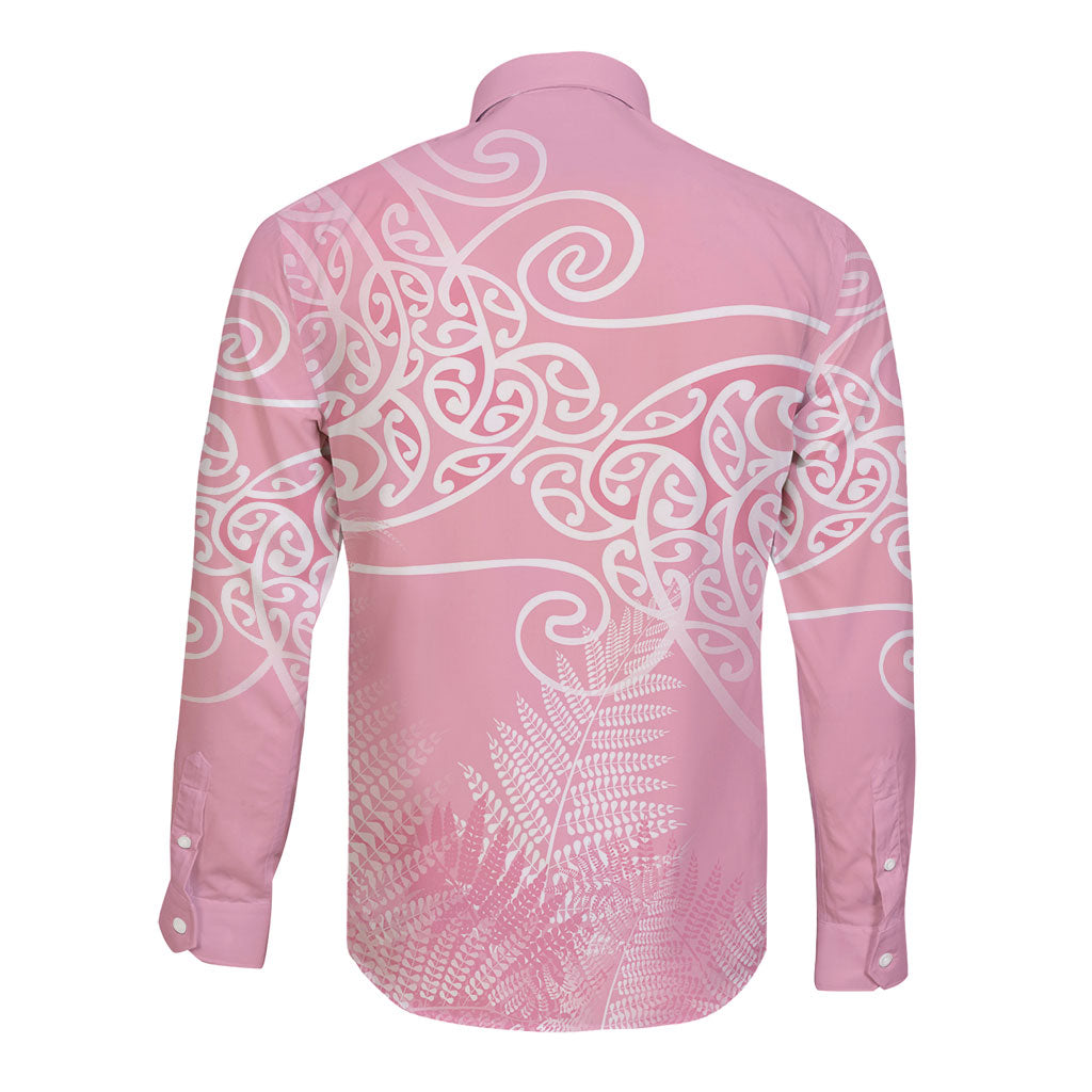 Aotearoa Maori Koru Curves Long Sleeve Button Shirt Silver Ferns - Rose Pink