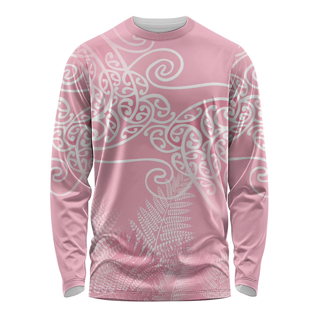 Aotearoa Maori Koru Curves Long Sleeve Shirt Silver Ferns - Rose Pink