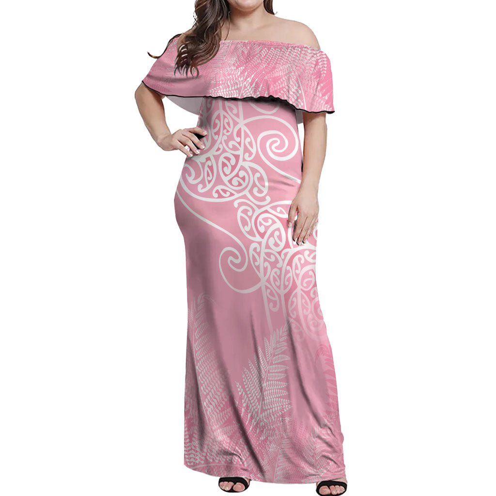 Aotearoa Maori Koru Curves Off Shoulder Maxi Dress Silver Ferns - Rose Pink