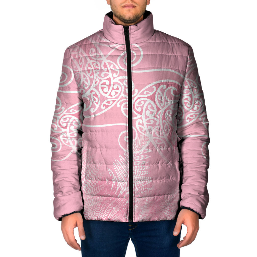 Aotearoa Maori Koru Curves Padded Jacket Silver Ferns - Rose Pink