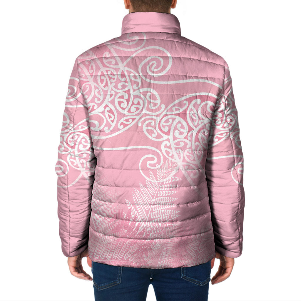 Aotearoa Maori Koru Curves Padded Jacket Silver Ferns - Rose Pink