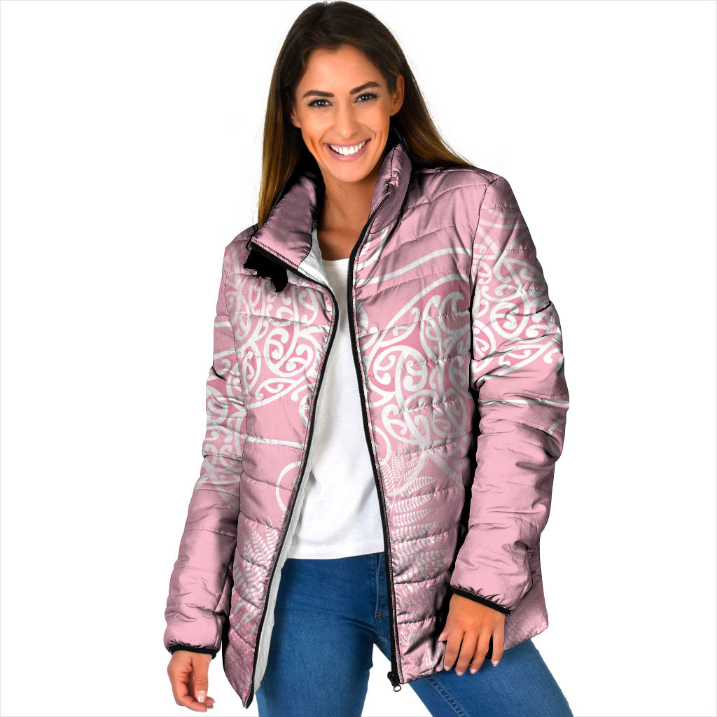 Aotearoa Maori Koru Curves Padded Jacket Silver Ferns - Rose Pink