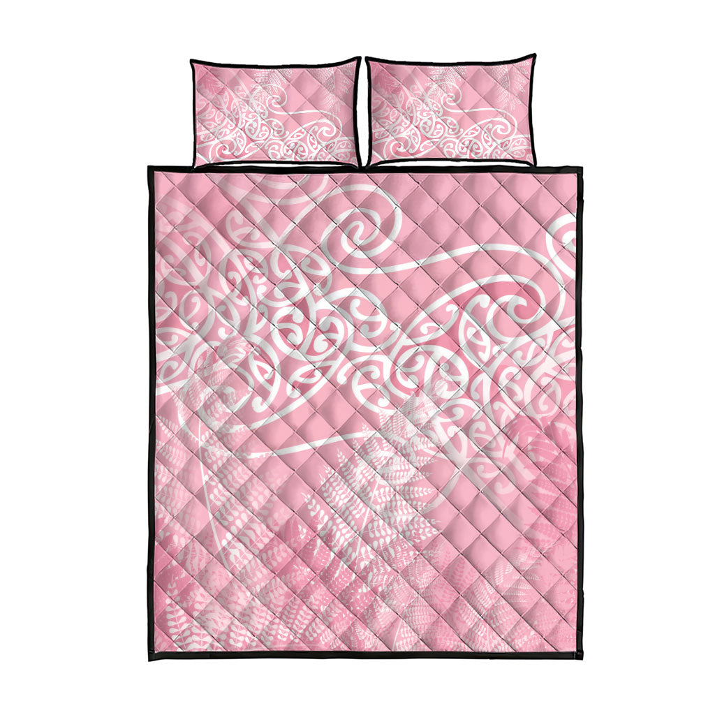 Aotearoa Maori Koru Curves Quilt Bed Set Silver Ferns - Rose Pink