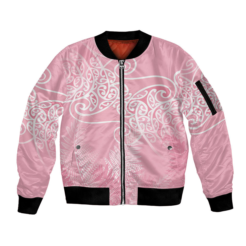 Aotearoa Maori Koru Curves Sleeve Zip Bomber Jacket Silver Ferns - Rose Pink