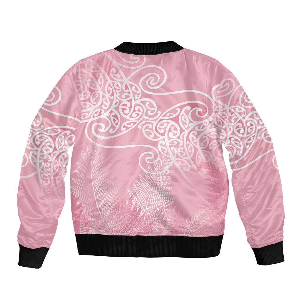 Aotearoa Maori Koru Curves Sleeve Zip Bomber Jacket Silver Ferns - Rose Pink