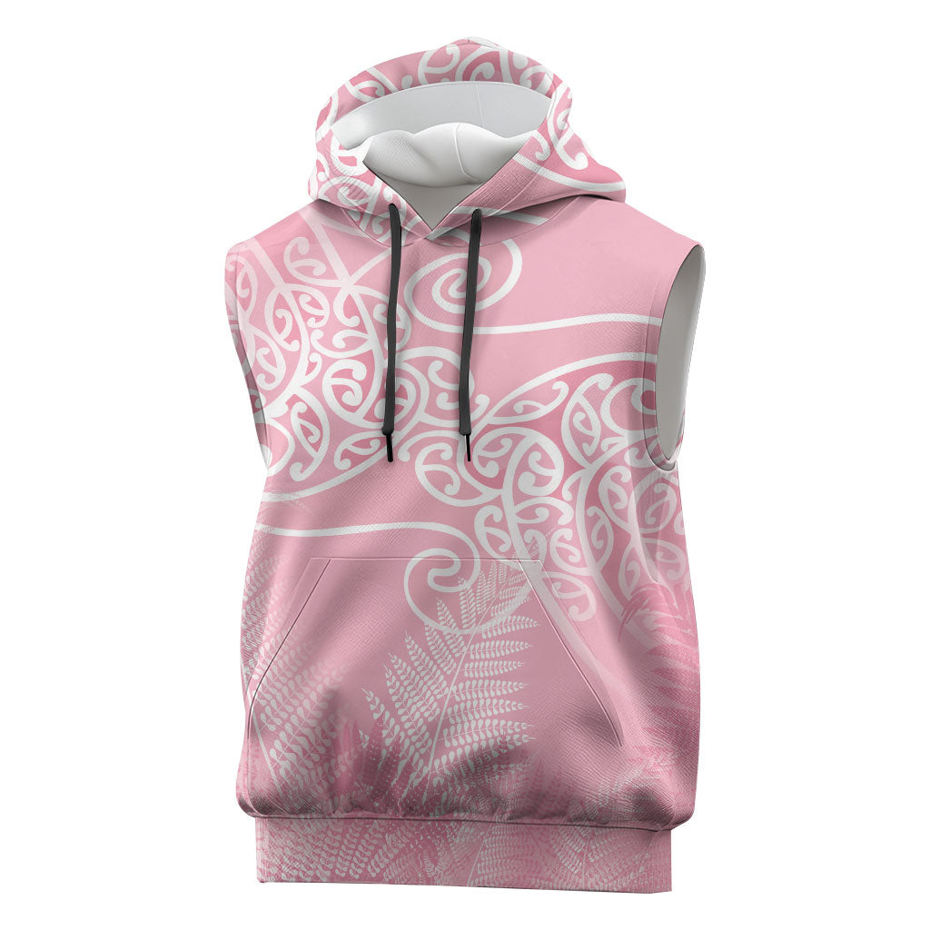 Aotearoa Maori Koru Curves Sleeveless Hoodie Silver Ferns - Rose Pink