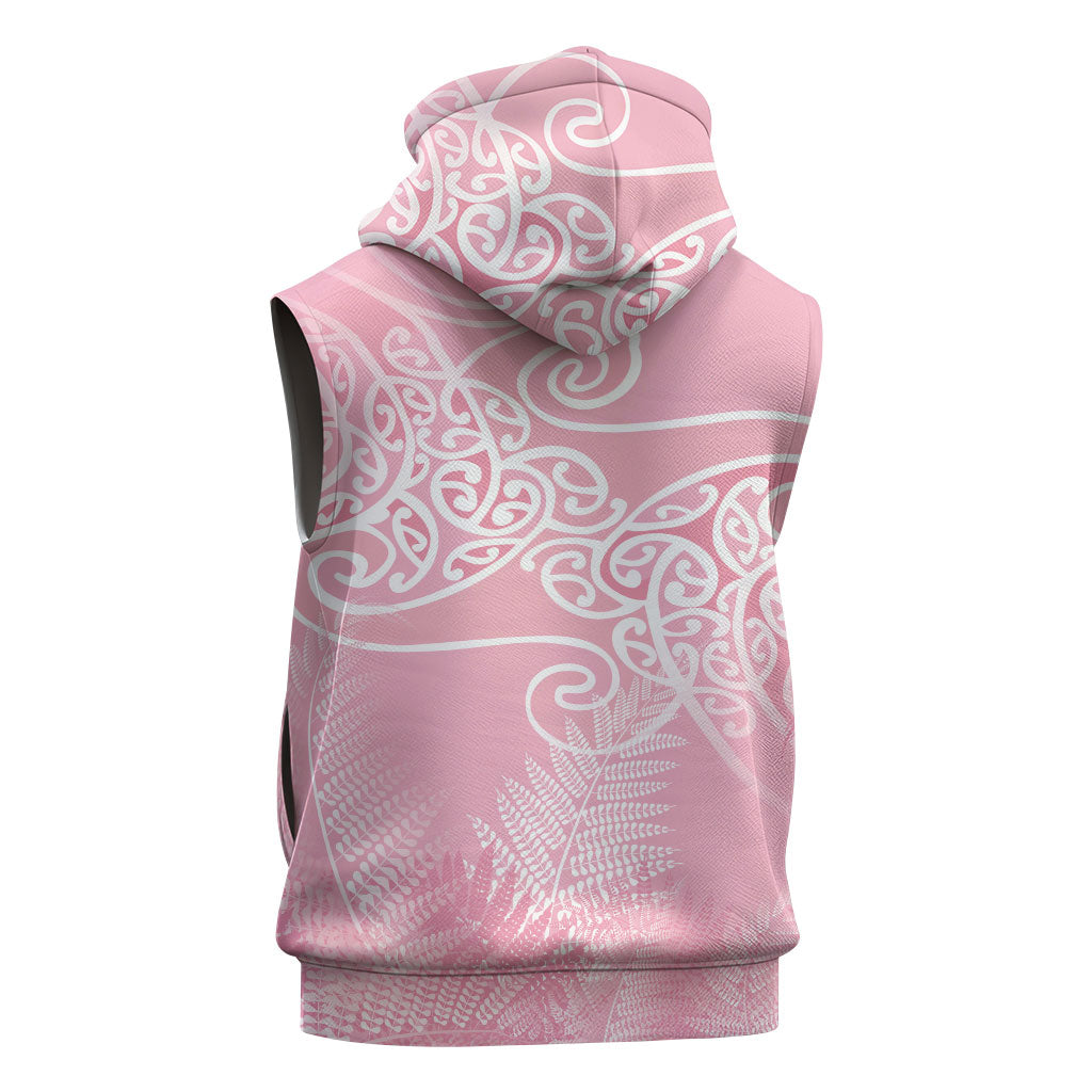 Aotearoa Maori Koru Curves Sleeveless Hoodie Silver Ferns - Rose Pink