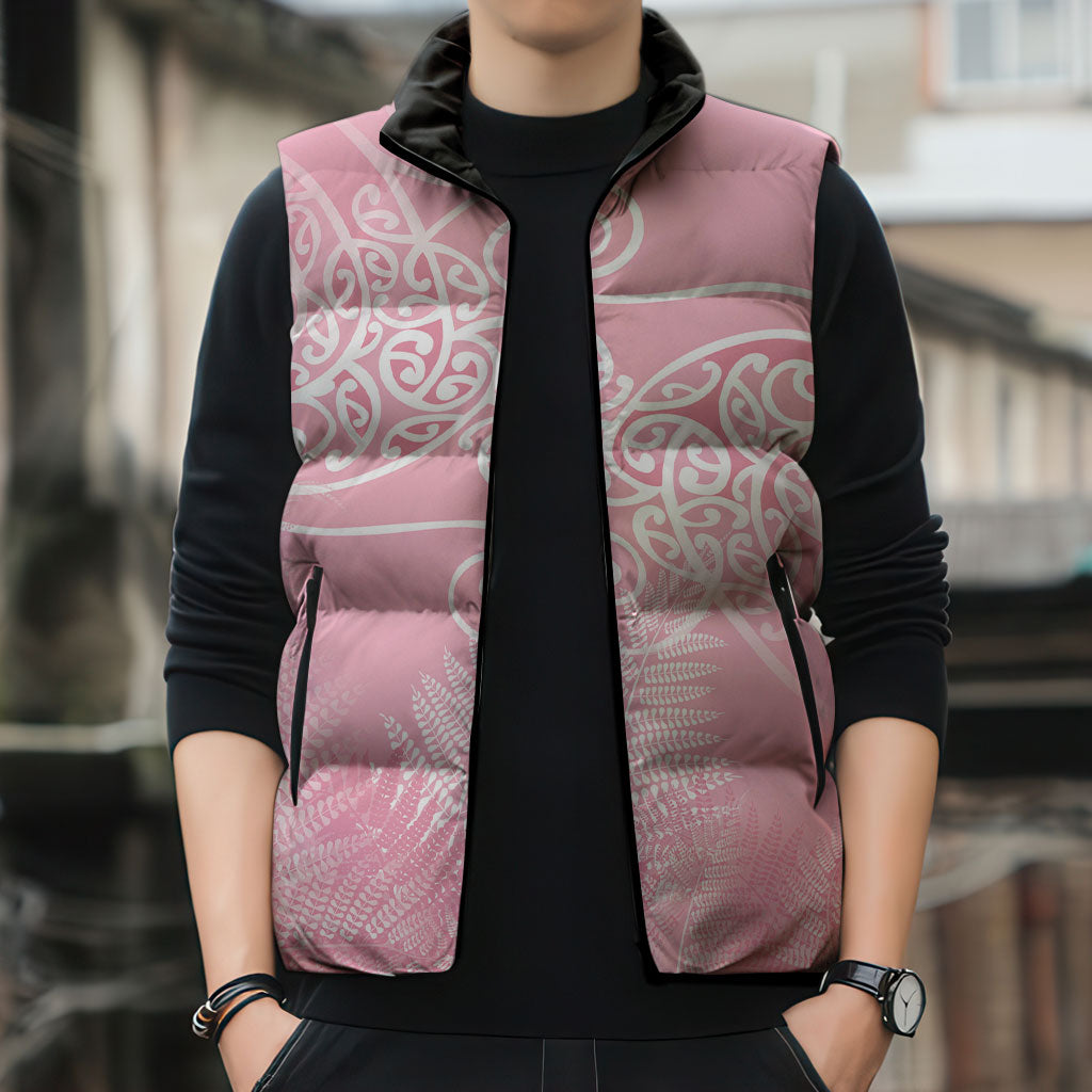 Aotearoa Maori Koru Curves Sleeveless Puffer Jacket Silver Ferns - Rose Pink