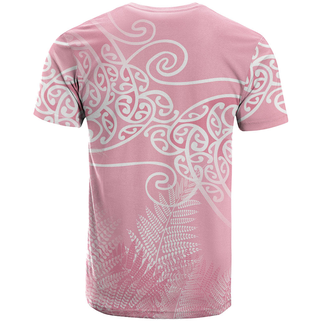 Aotearoa Maori Koru Curves T Shirt Silver Ferns - Rose Pink