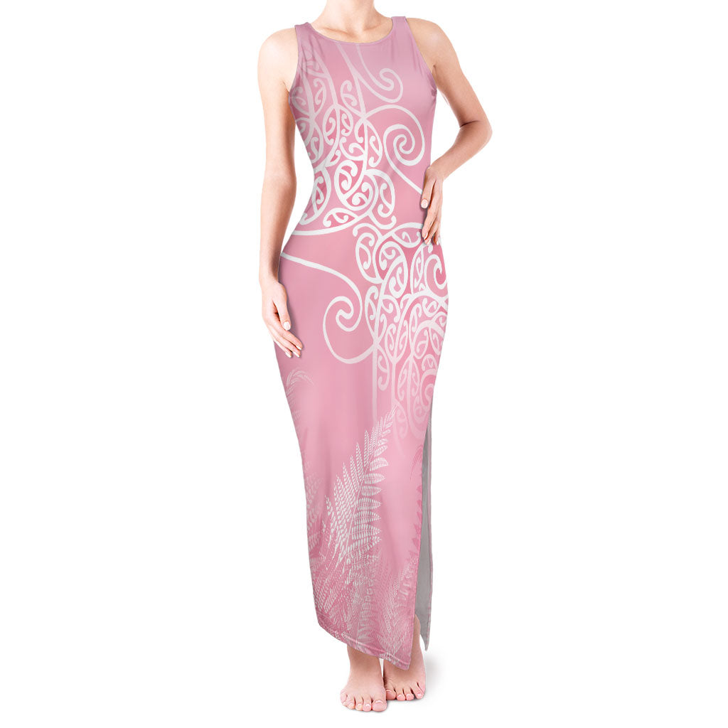 Aotearoa Maori Koru Curves Tank Maxi Dress Silver Ferns - Rose Pink