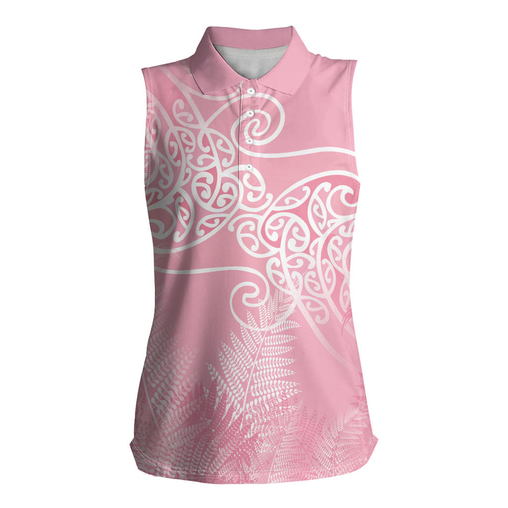 Aotearoa Maori Koru Curves Women Sleeveless Polo Shirt Silver Ferns - Rose Pink
