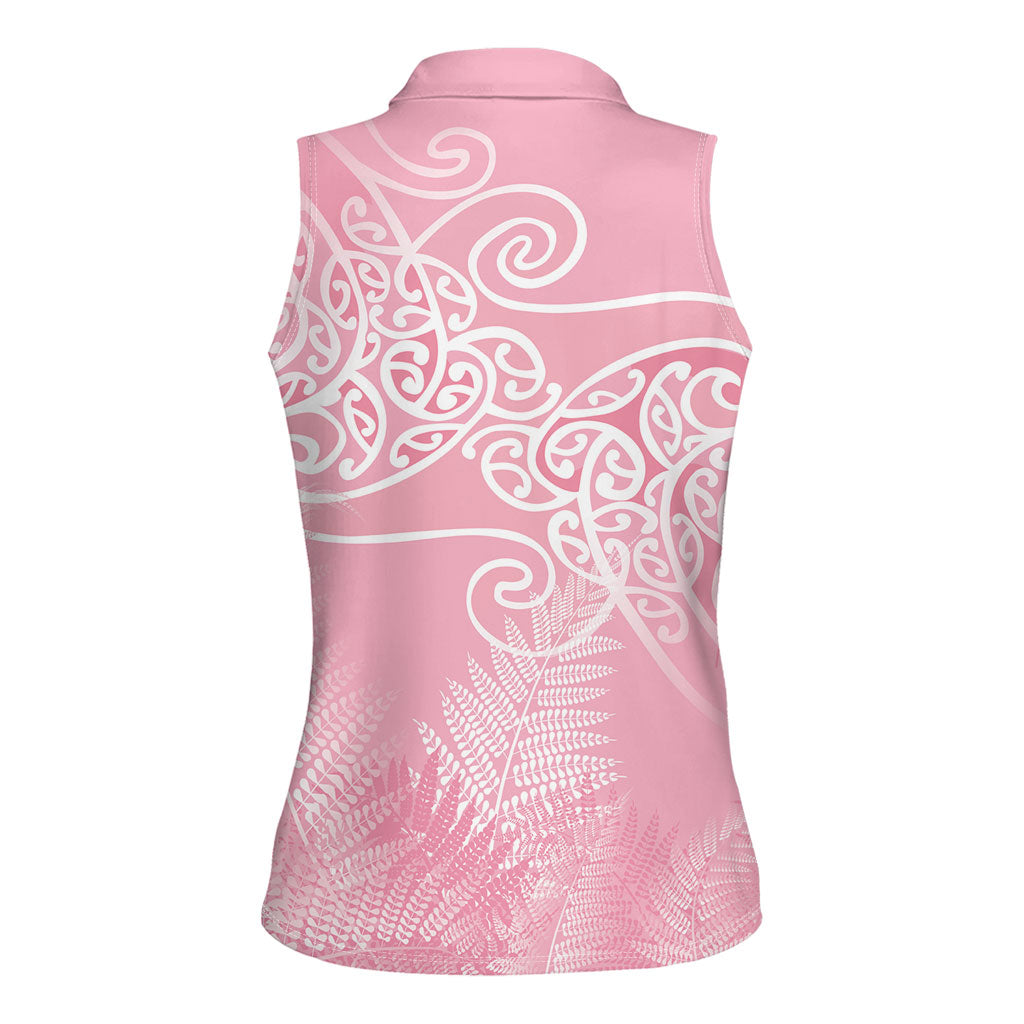 Aotearoa Maori Koru Curves Women Sleeveless Polo Shirt Silver Ferns - Rose Pink