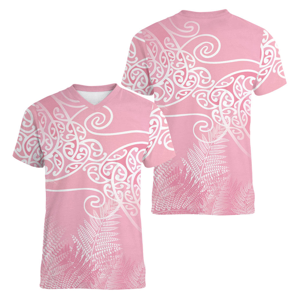 Aotearoa Maori Koru Curves Women V-Neck T-Shirt Silver Ferns - Rose Pink